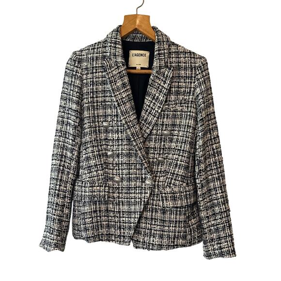 L’AGENCE Kenzie Black & Ivory Tweed Double-Breasted Blazer Size 4 - Picture 2 of 11